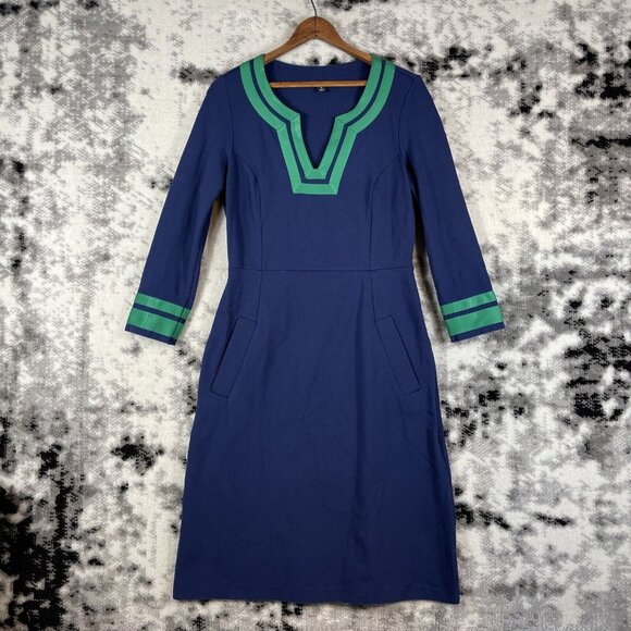 Lands End Ponte Knit Dress‎ Womens Size 6 Blue Green Trim V-Neck Viscose Stretch - Picture 1 of 12
